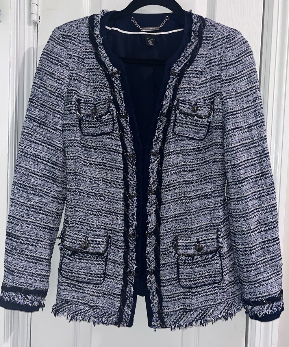 White House Black Market Blazer Blue Tweed Fringe Chain Embellished Size 4